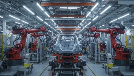 an inside look at an advanced automotive manufacturing facility featuring state-of-the-art robotic arm technology for efficient car production processes