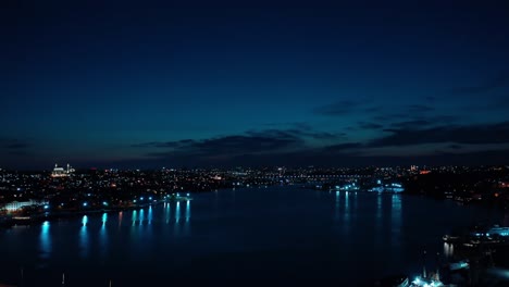 aerial night view of golden horn and balat lanscape. 4k footage in turkey