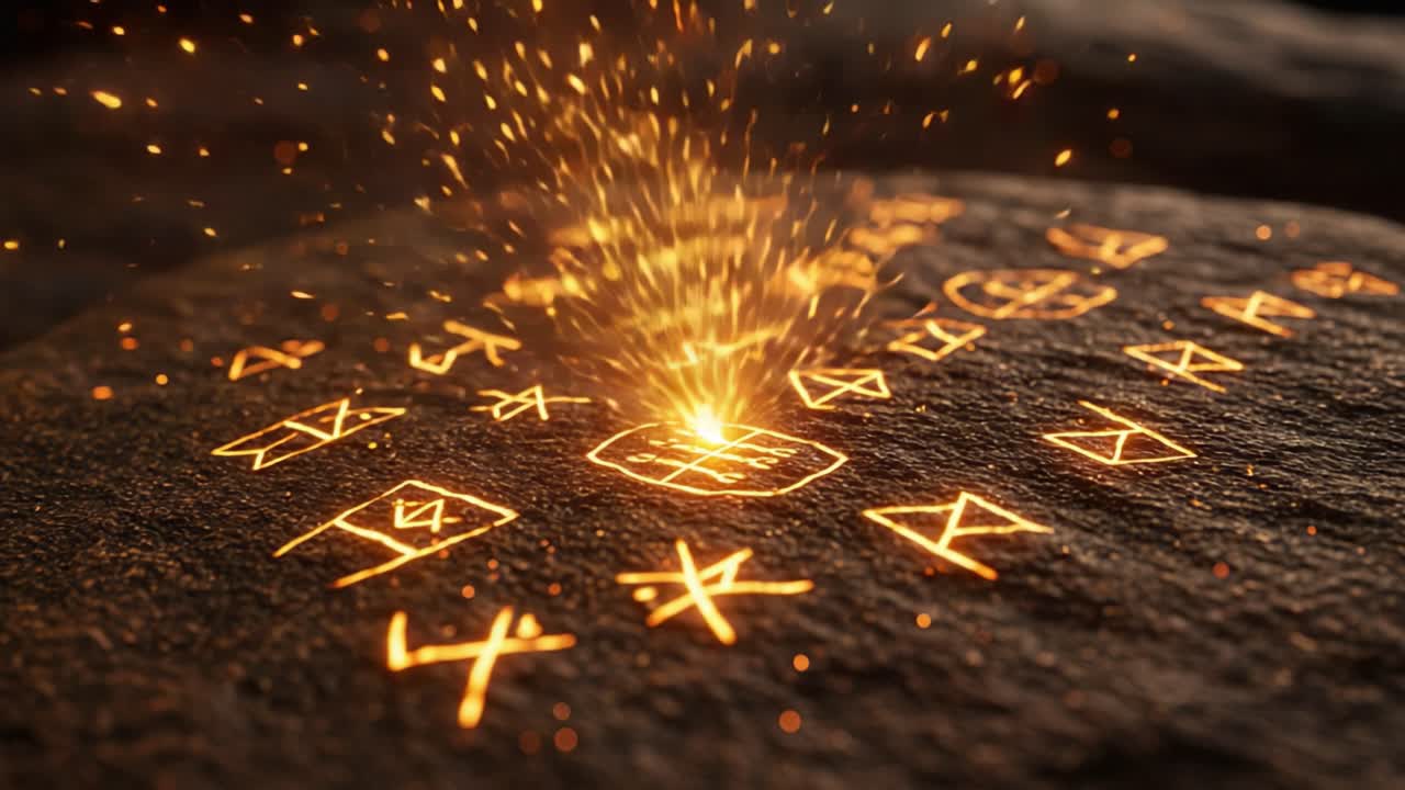 Illuminated Ancient Symbols Emerge from Stone: A Close-Up of Mystical Inscription with Sparkling Particles Creating a Magical Atmosphere