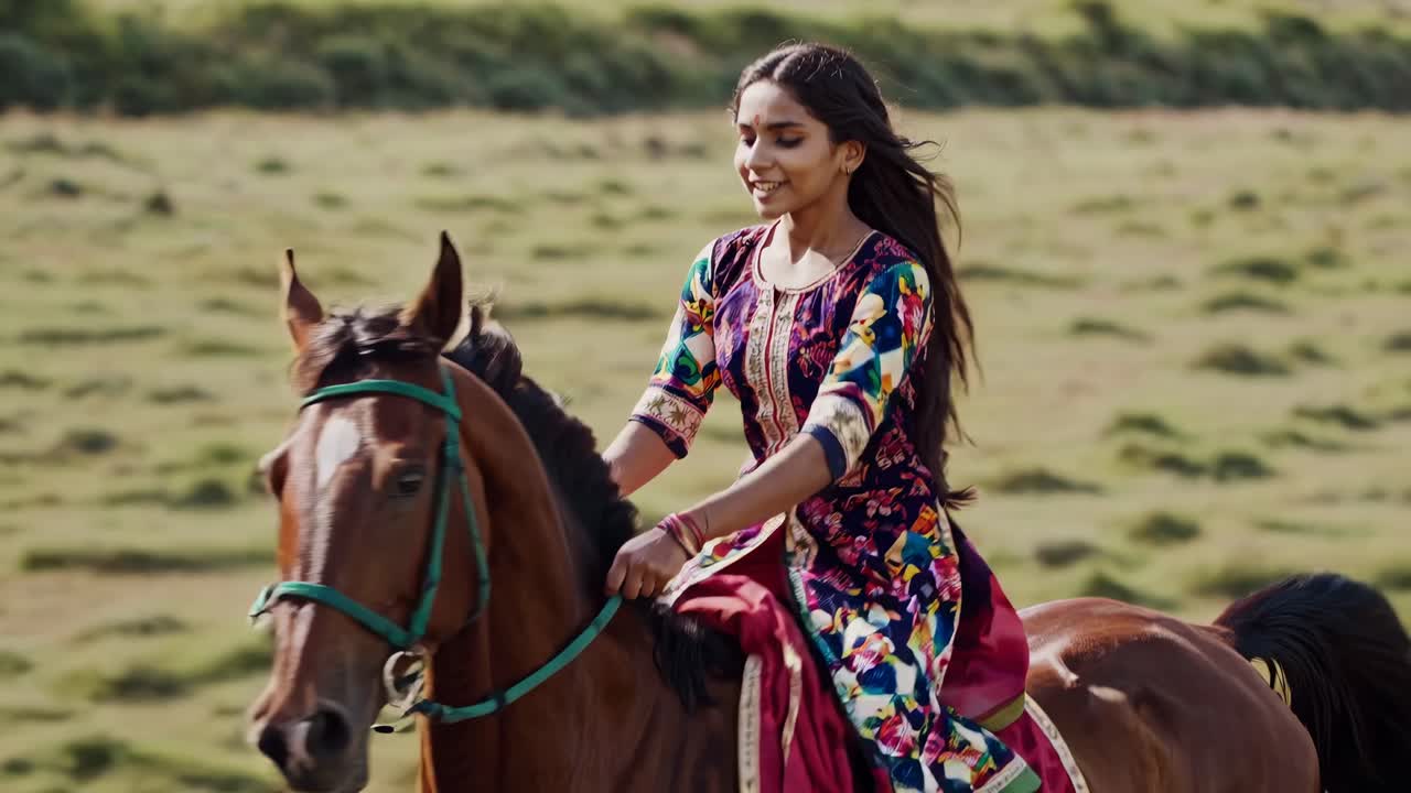 Indian Woman Horseback Riding in a Field