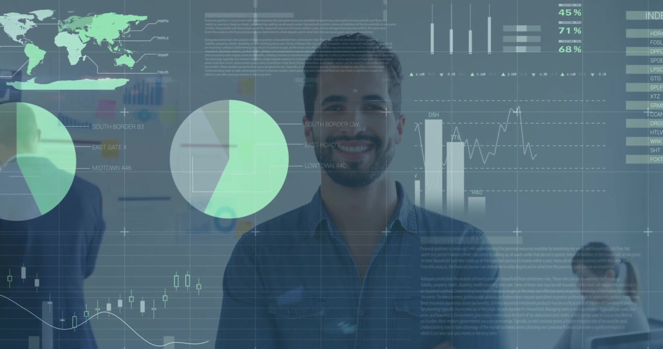 Statistical data processing against portrait of caucasian man smiling at office