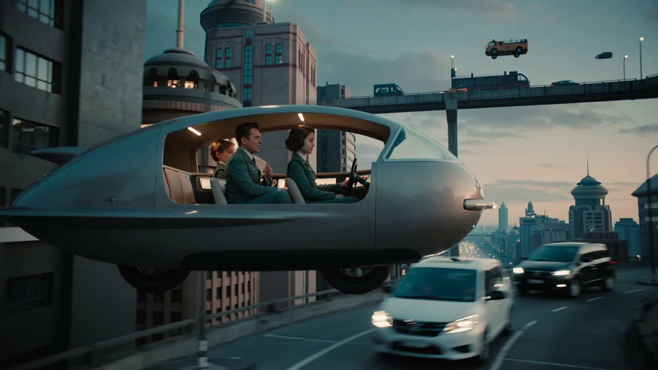 Gliding pod carrying three teal-suited riders reacting to ramp, moving over lanes at dusk, steering