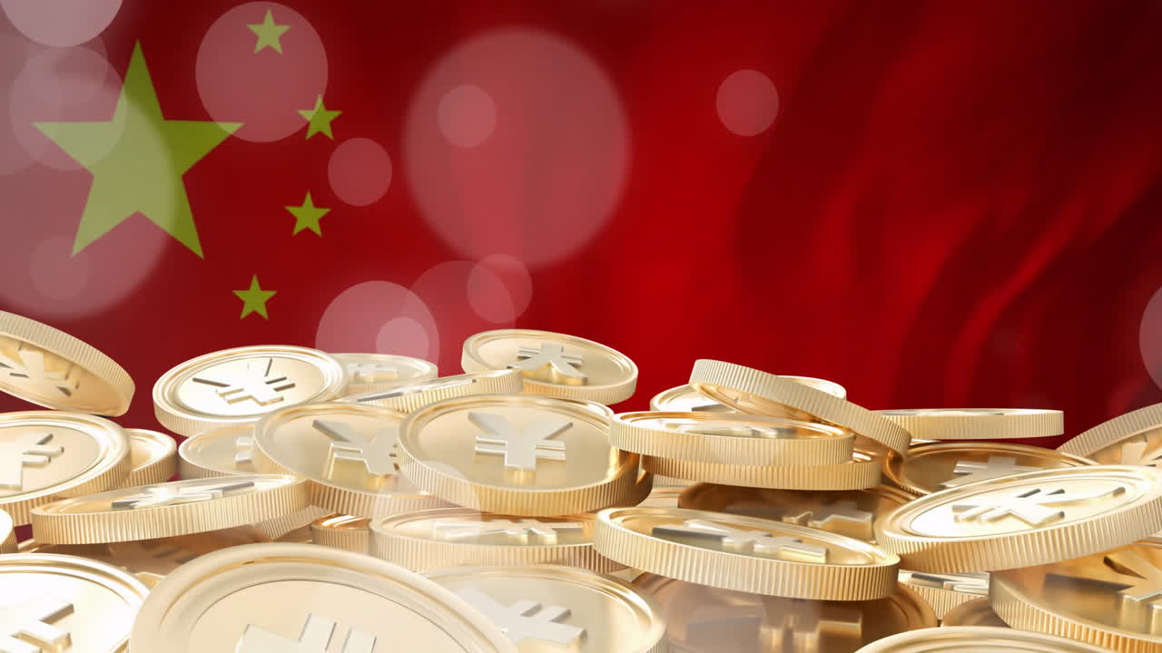 animação de moedas de iene sobre a bandeira da china