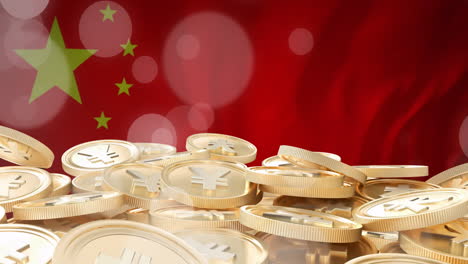 animación de monedas de yen sobre la bandera de china