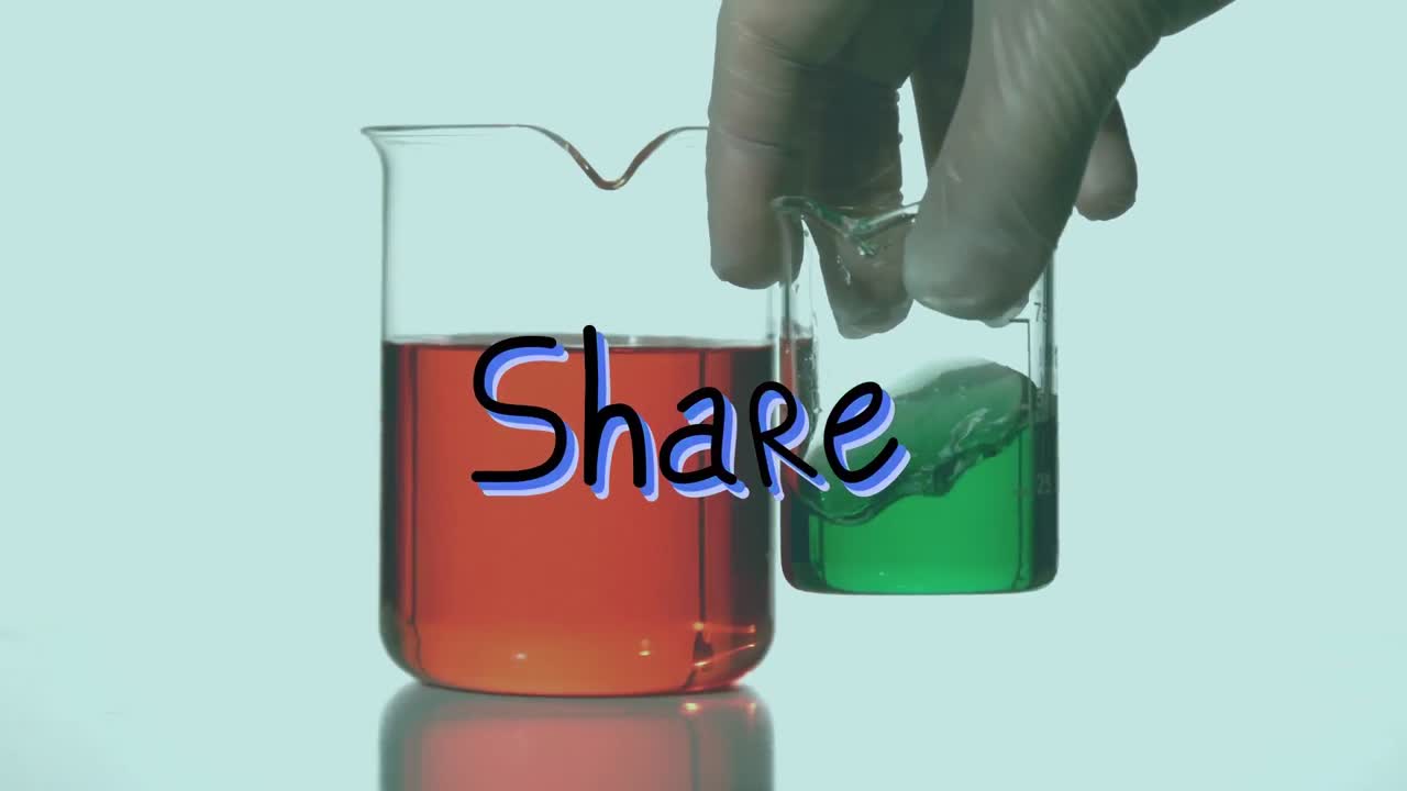 Animation of share text over beakers with liquid