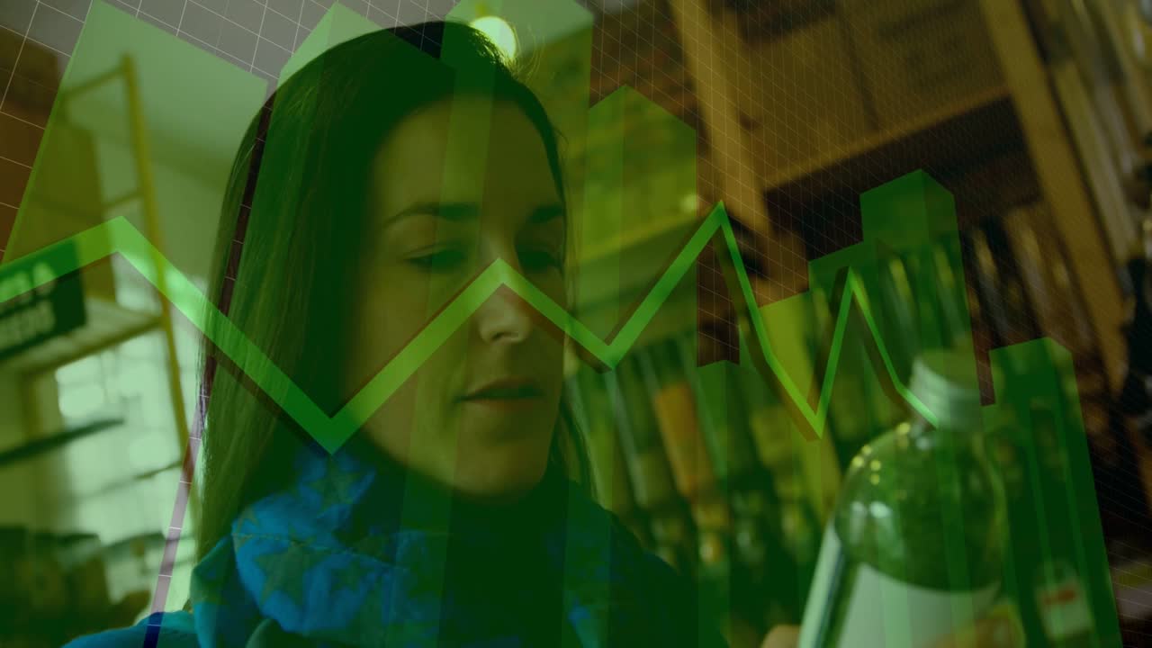 Inspecting blue-scarf dark-coat woman turning green bottle, reading label by shelves, data overlay