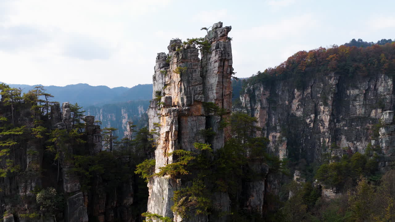 Pilastri di arenaria quarzifera nel Parco forestale nazionale di Zhangjiajie, nella provincia cinese dell'Hunan. Primo piano aereo