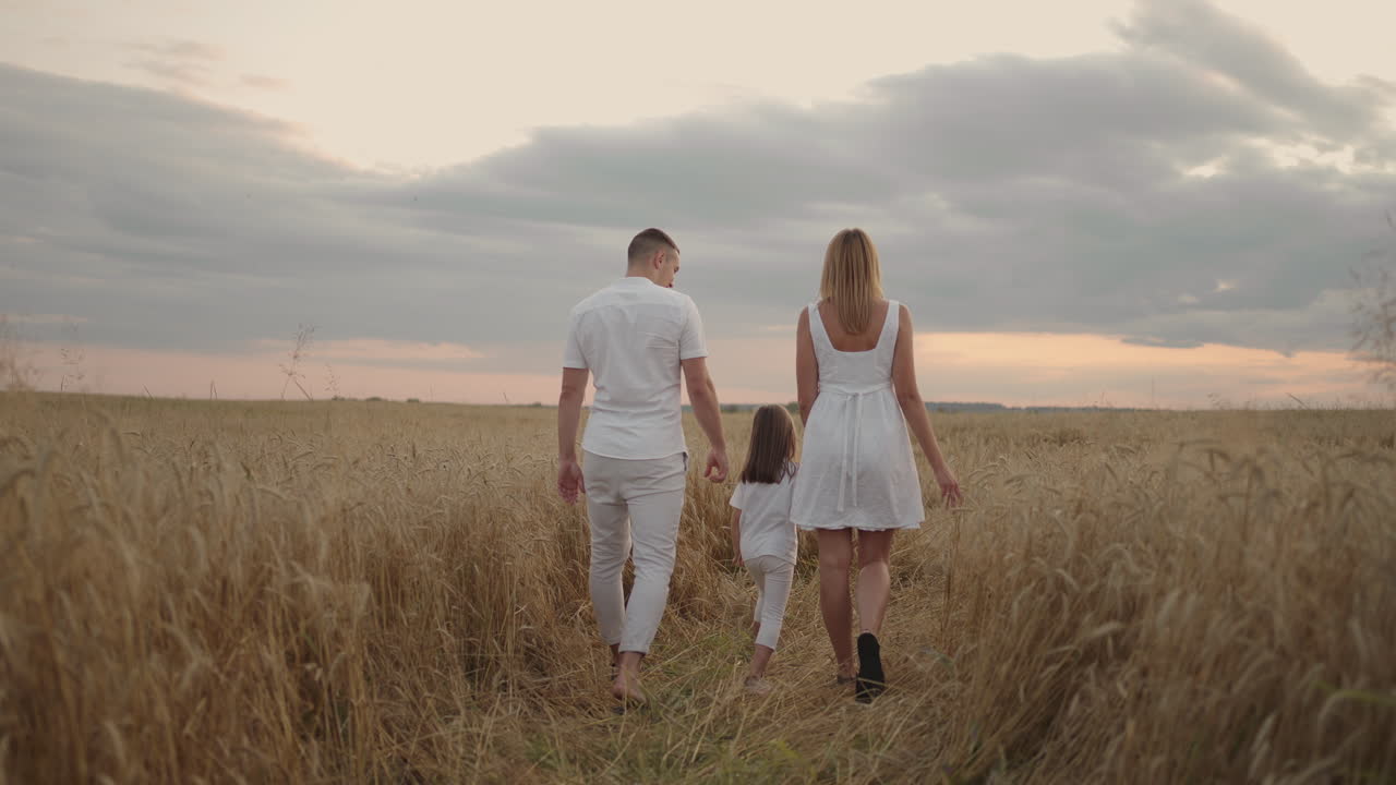 행복한 미소 가족은 손을 잡고 해가 지는 황금의  ⁇ 을  ⁇ 고 행복한 가족은 초원에서  ⁇ 고 놀고 있습니다.