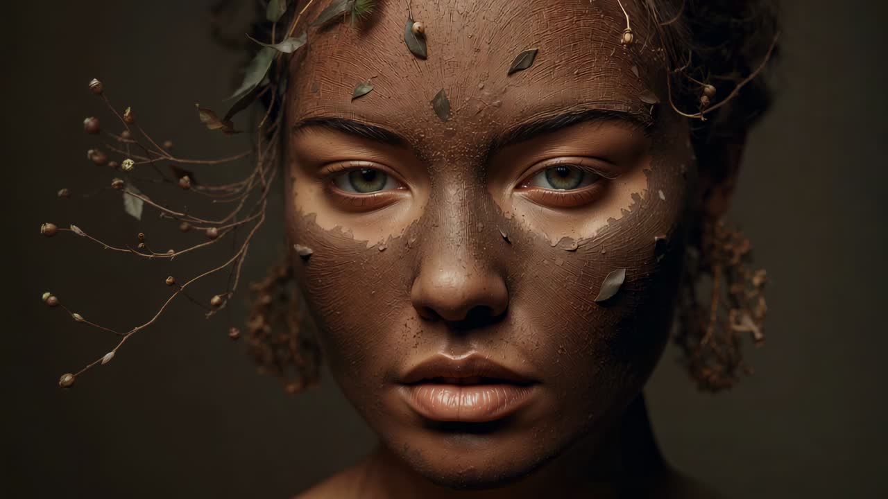 Clignotement, mouvement, modèle réagissant à la brise en studio, avec un masque de boue, des appliqués de feuilles et des perles de brindilles
