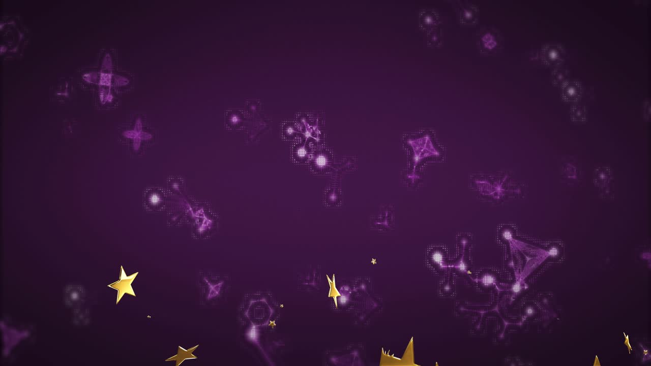 Cluster appearing low, gold stars rising, rotating and scattering, forming depth over purple field