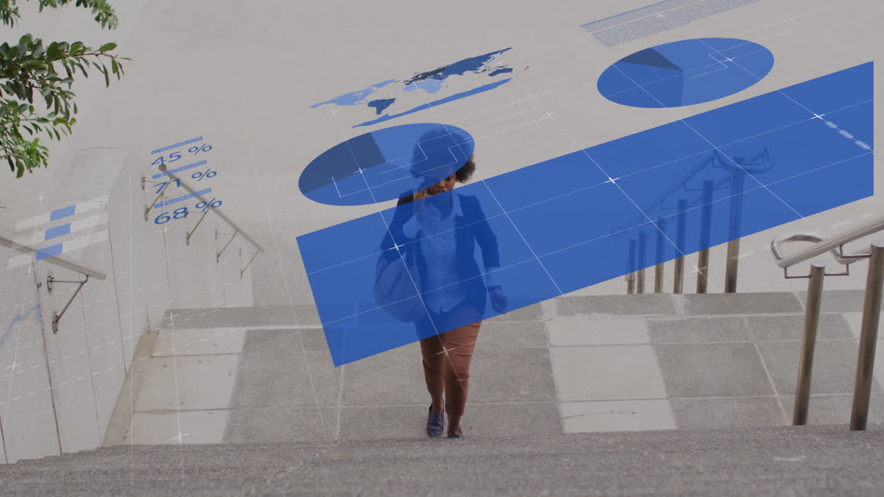 스마트폰을 사용하는 아프리카계 미국인 여성에 대한 비즈니스 데이터의 애니메이션