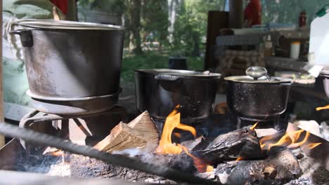 preparar comida en una fogata en un campamento salvaje, comida cocinada en una fogata en un viaje de campamento