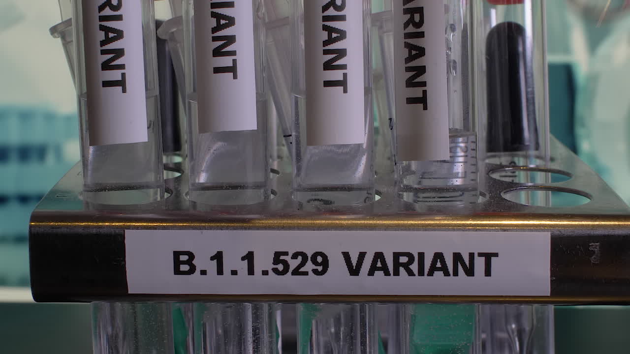 Researcher with samples of B.1.1.529,a new variant of the Covid-19 known as Omicron. Mutated new strain of covid-19 reactions. Doctor in analysis lab working with tubes holding Omicron for testing.