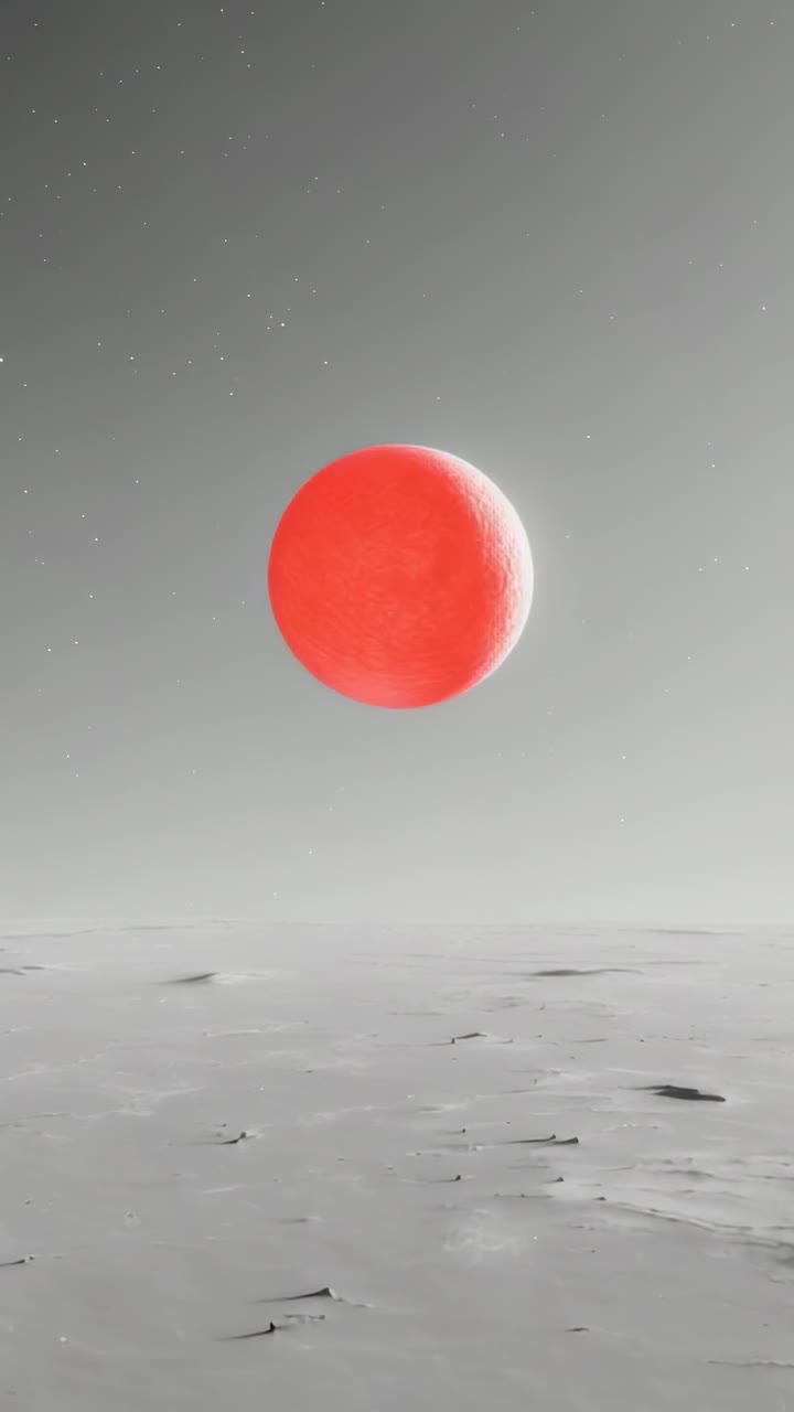 Vertical video: Materializing red sphere rotating above plain under star field revealing texture