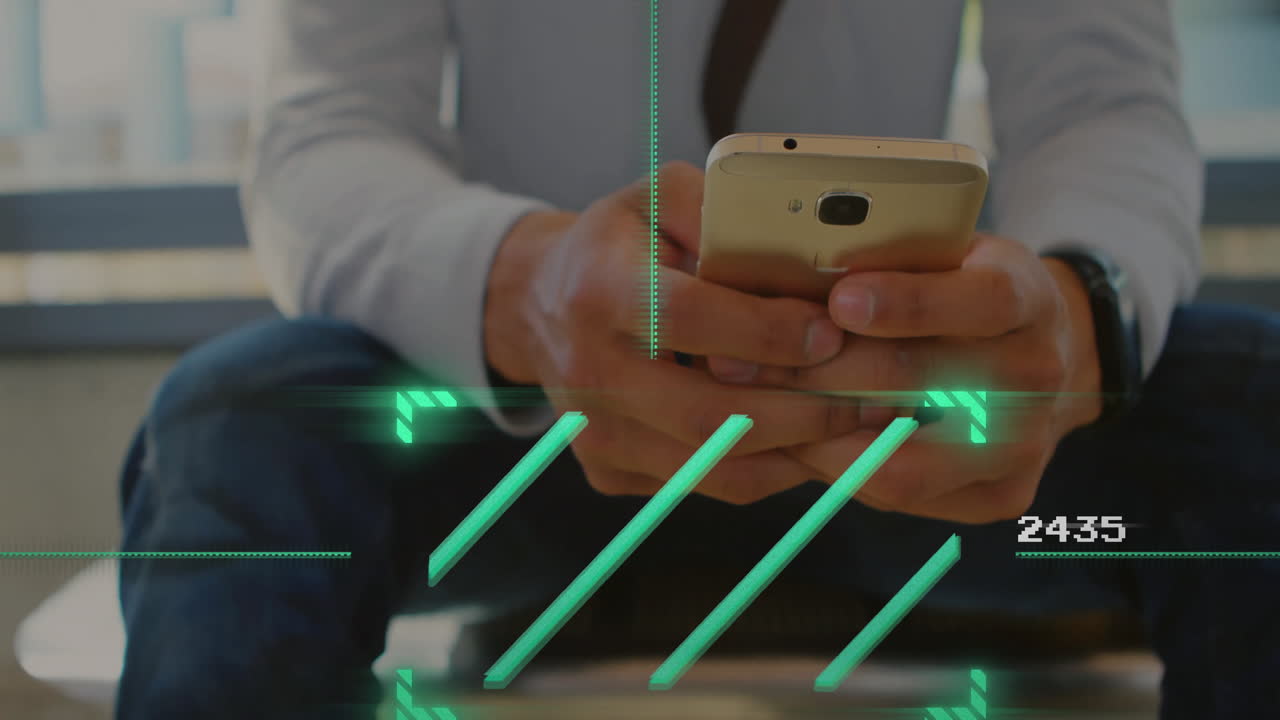adult man using smartphone in business lounge, with floating green interface bars and numeric data