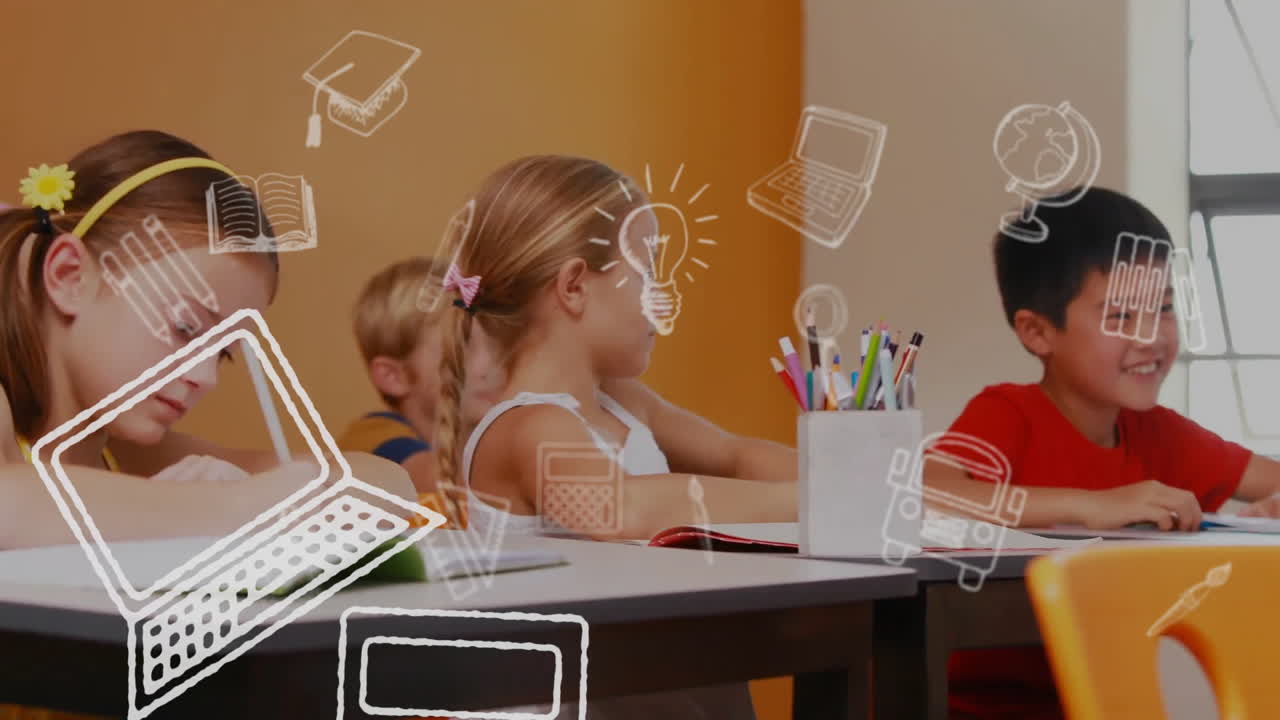 animación de iconos escolares de educación sobre diversos escolares en el aula