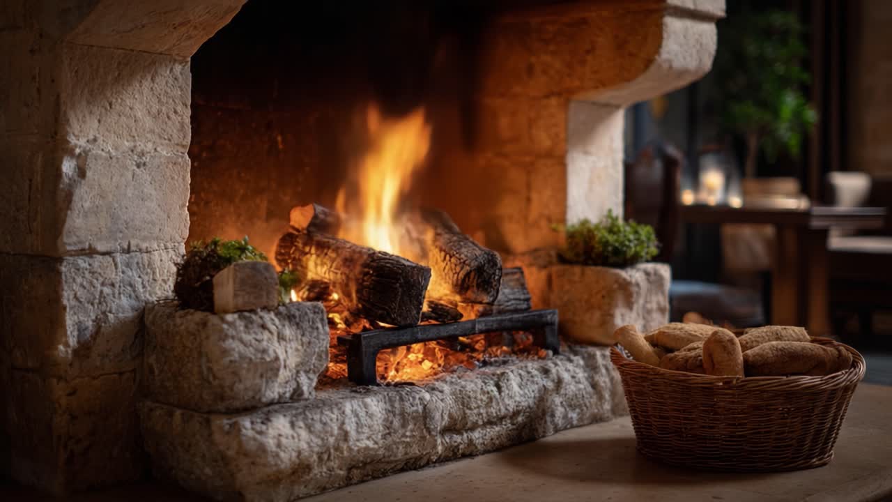 A Cozy Fire in a Rustic Fireplace with a Basket of Freshly Baked Bread Nearby, Creating a Warm and Inviting Atmosphere for Relaxation and Gathering