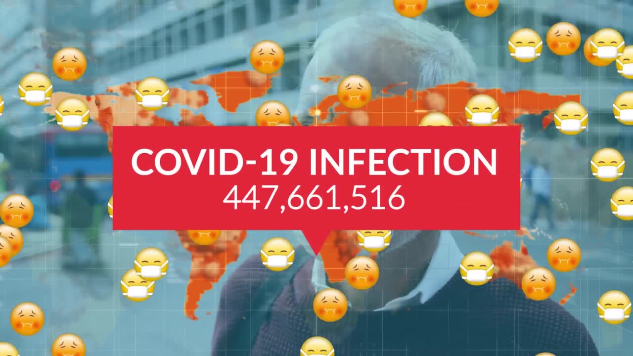 Animation of covid 19 data processing over man and multiple sick emojis with face masks
