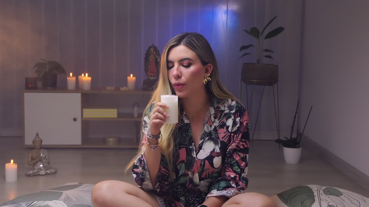 Mulher em sala calma apaga vela em câmera lenta, clima tranquilo