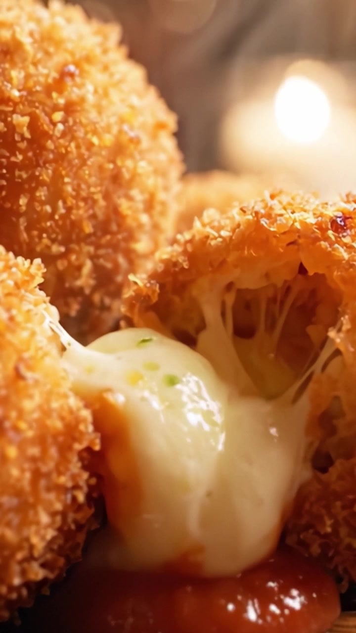 Deliciously Crispy Cheese Balls with Melted Cheese and Tangy Sauce Captured in A Warm Ambiance, Perfect for Appetizers or Snack Time Indulgence