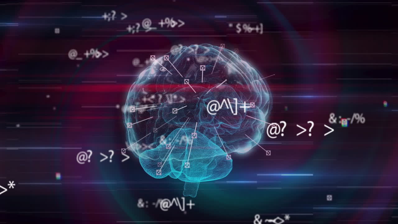 검은색 배경에 디지털 뇌를 통해 데이터 처리의 애니메이션