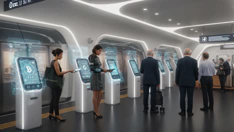 futuristic technology in transit hub: passengers utilizing interactive digital kiosks for cryptocurrency transactions and information access in a modern transportation environment