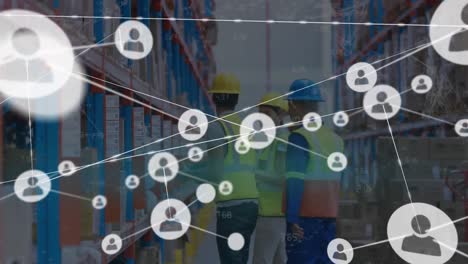 animación de una red de íconos de perfil contra diversos trabajadores masculinos que comprueban el stock en el almacén