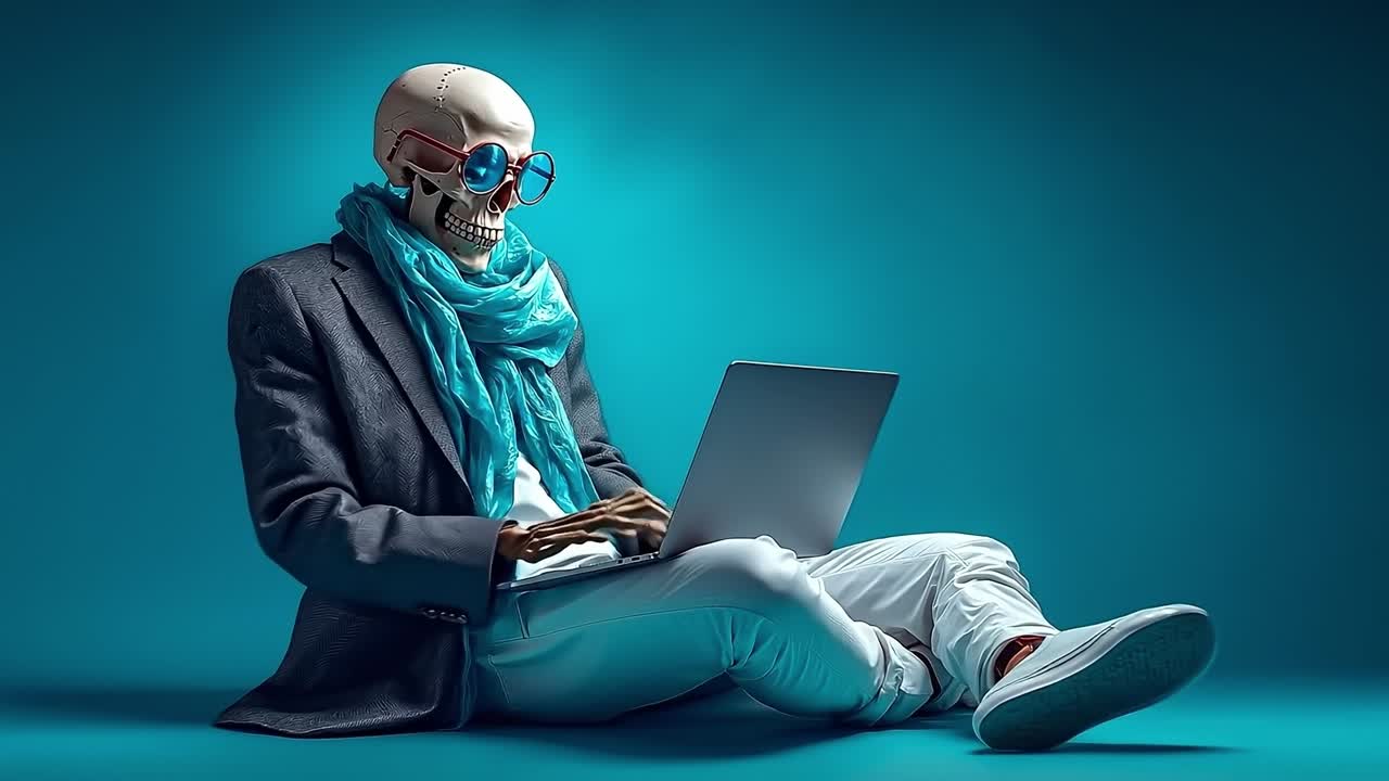 A skeleton sitting on the ground with a laptop computer