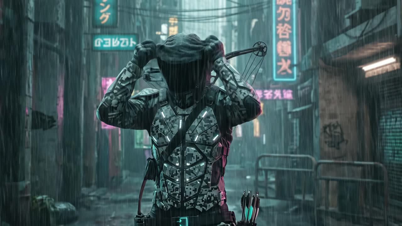 Arquero futurista se sube la capucha en un callejón cyberpunk lluvioso