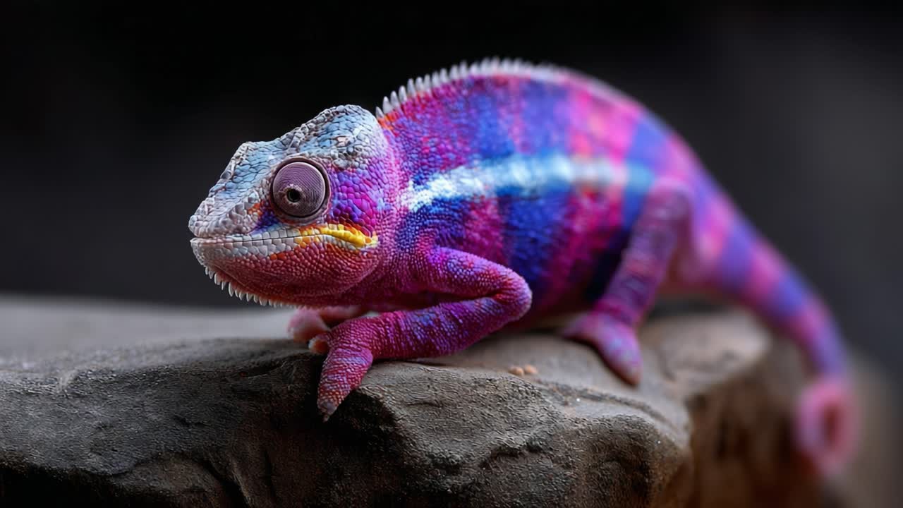 A Strikingly Colorful Chameleon Posing on a Rock, Showcasing Its Vibrant Patterns and Unique Features in Stunning Detail
