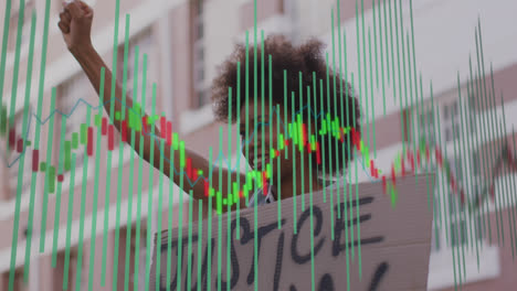 animation of financial data processing over african american woman protesting