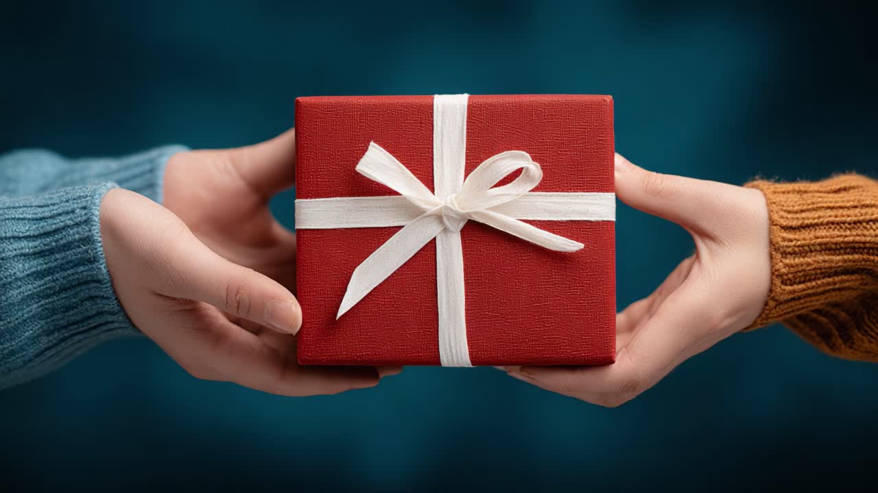 Un Sentito Scambio: La gioia di donare mentre una persona consegna un regalo splendidamente impacchettato a un'altra, a simboleggiare generosità e celebrazione