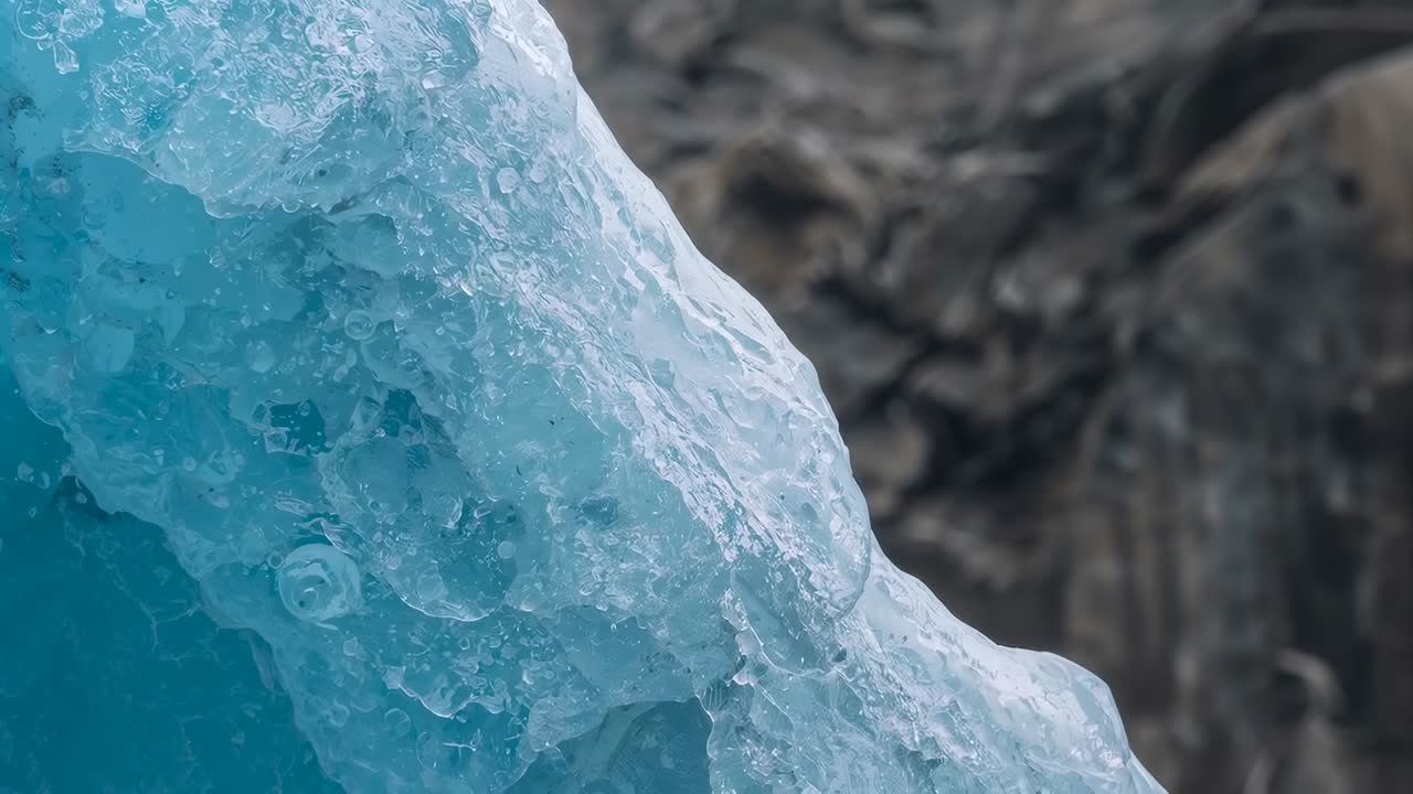 Panoramica della fotocamera a destra, rivelando il ghiaccio glaciale blu con riflessi umidi sulla parete rocciosa, mostrando il contrasto