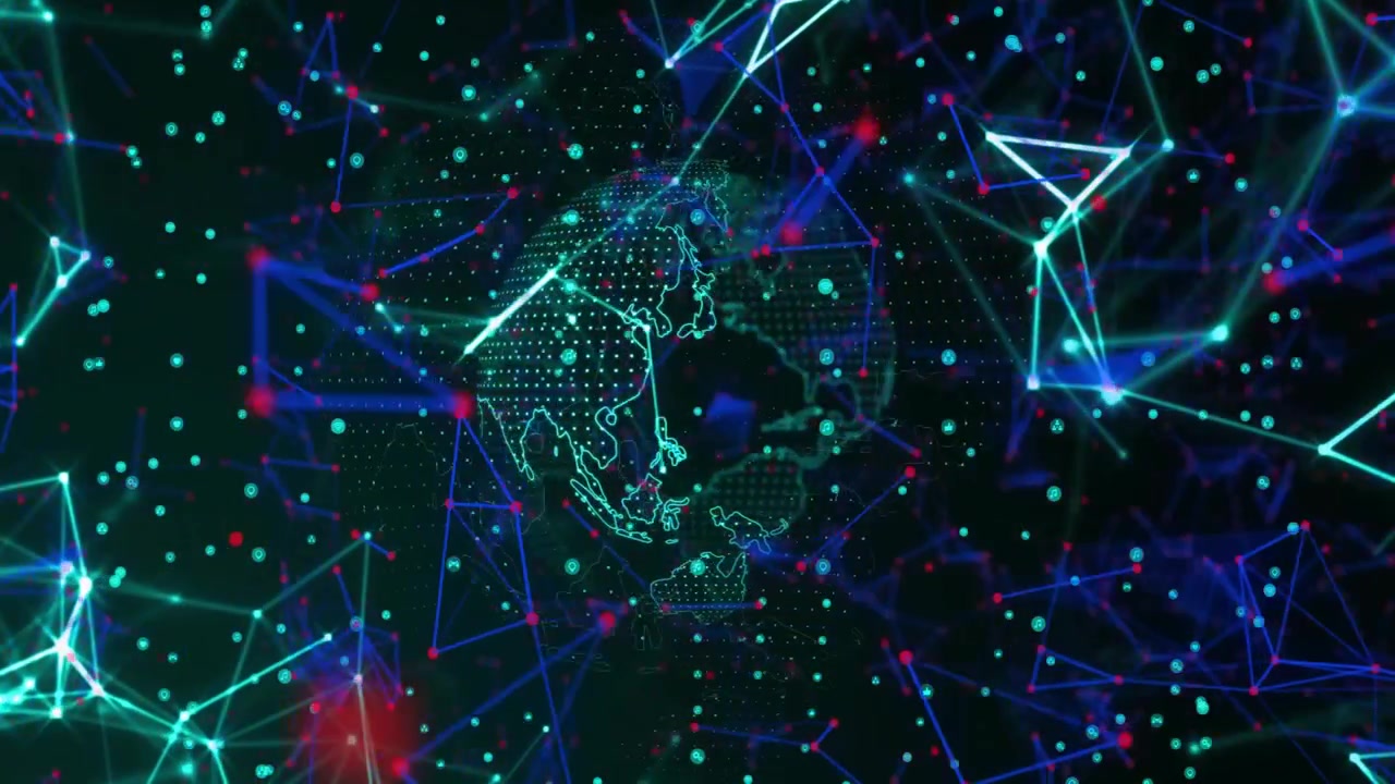 Globo digitale astratto che ruota al centro, con nodi di rete luminosi che si connettono attraverso sottili linee al neon.