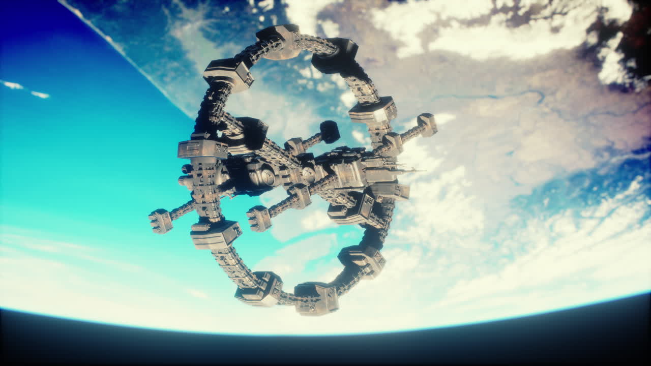 거대한 우주선이 지구에 위치를 잡습니다. nasa가 제공한 요소들입니다.