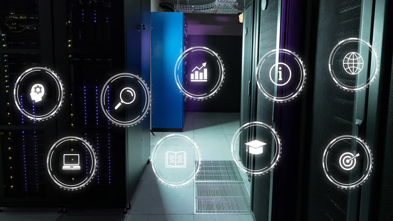 Animation of multiple digital icons against computer server room