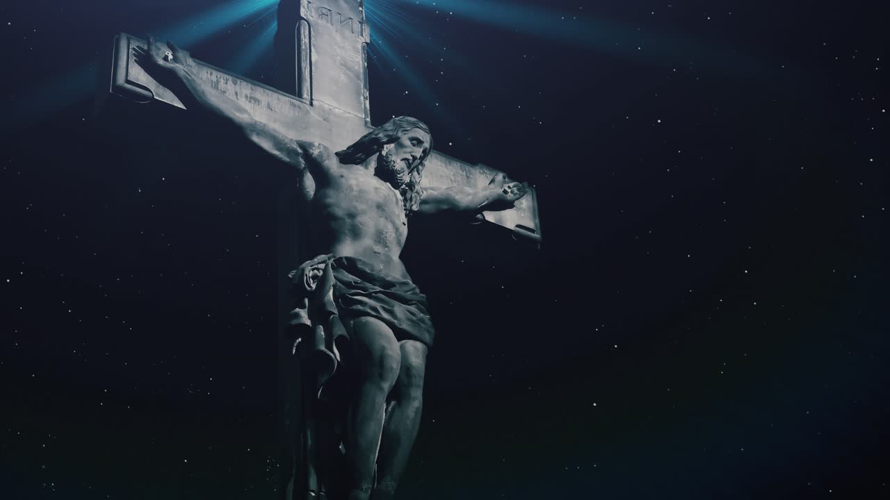 gesù cristo sulla croce con sfondo di stelle notturne