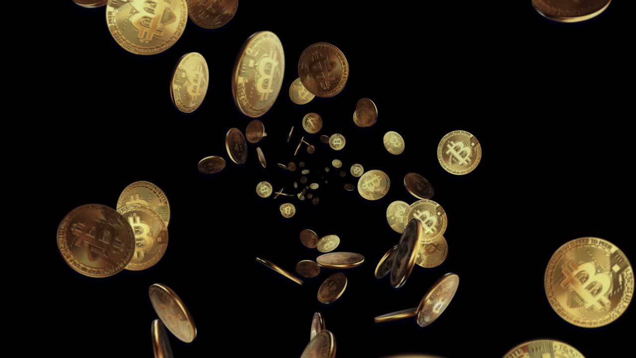 Bitcoin coin symbol falling on camera electronic circuit board loop 4k 3d background blockchain