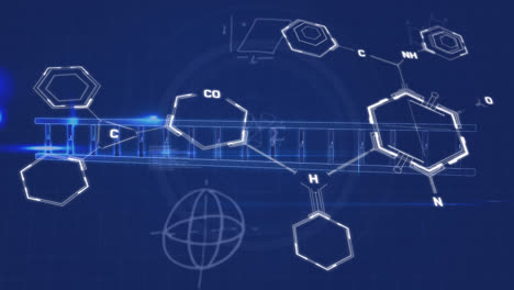 Animation-of-chemical-formulas,-dna-and-data-processing-on-navy-background