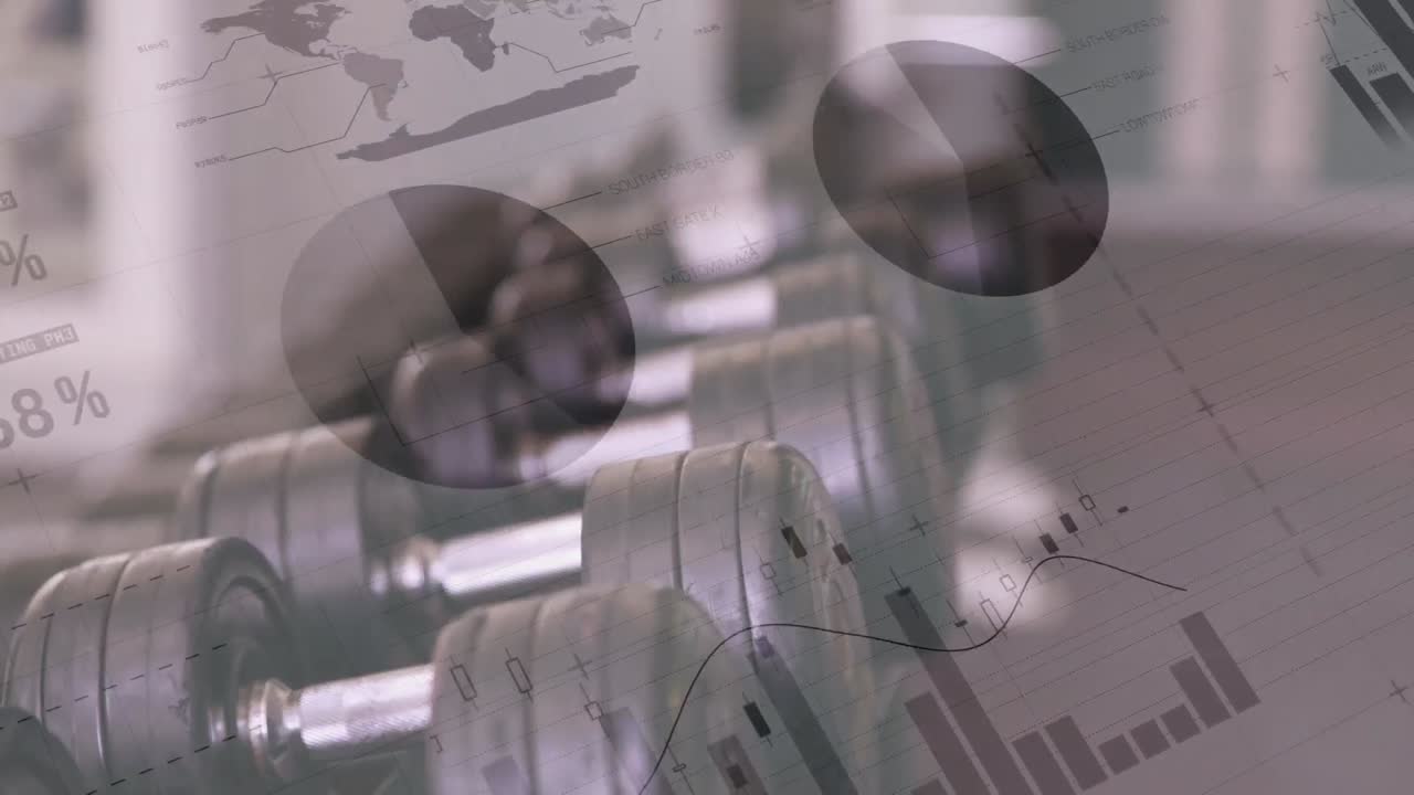 animación del procesamiento de datos sobre pesas en fila en el gimnasio