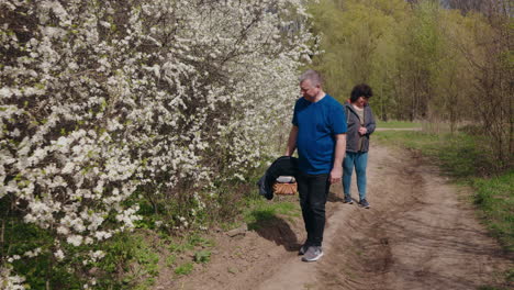 couple walking in a spring forest