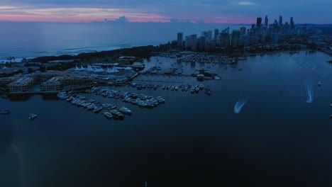 fly over marina at dawn gold coast broadwater, australia