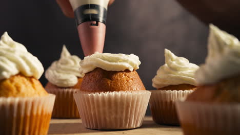 freshly frosted cupcakes displayed on a tray ready to be served as piping tube descends and swirls, low angle static medium