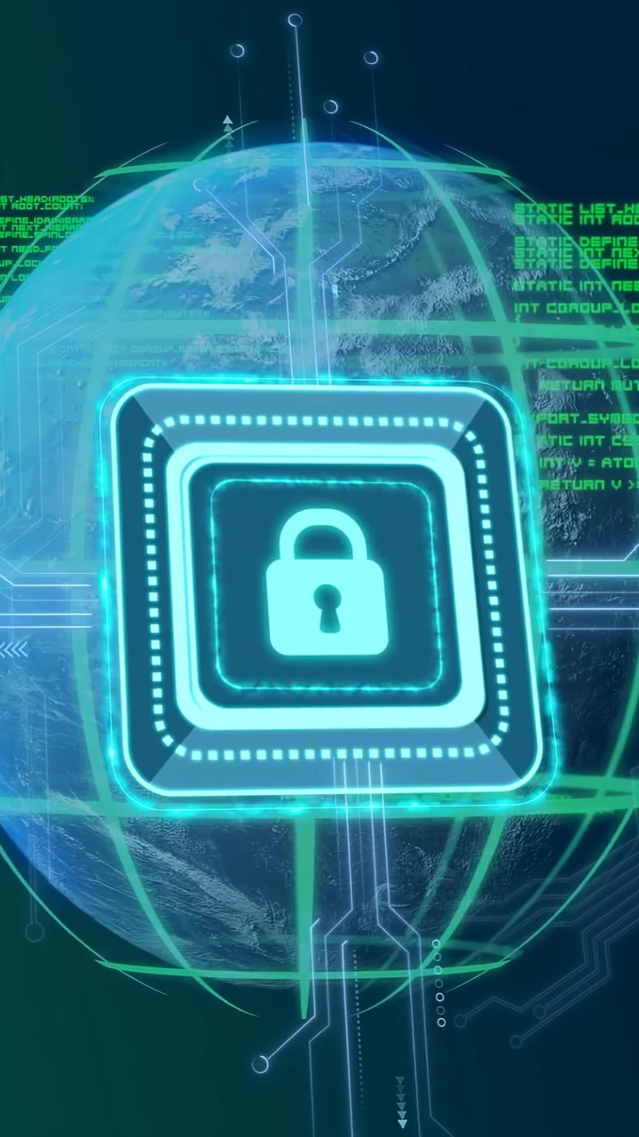Video verticale: Lucchetto a chip che inizia a ruotare e pulsare, collegando tracce al pianeta, proteggendo la tecnologia.