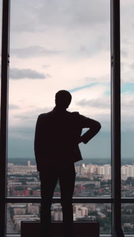 businessman contemplating cityscape from high-rise window