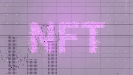 Nft-text-banner-over-grid-network-against-statistical-data-processing-against-purple-background