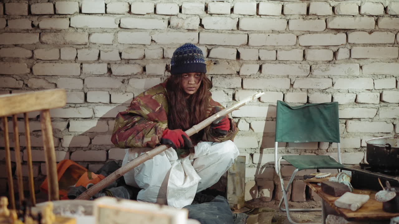 Nomad in camouflage jacket, winter hat, and red gloves crouches tensely inside ruined shelter gripping sharpened stick like weapon, face smeared with dirt, preparing aggressively to attack in hostile