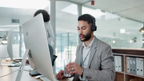 Call-center,-computer-or-man-drinking-water