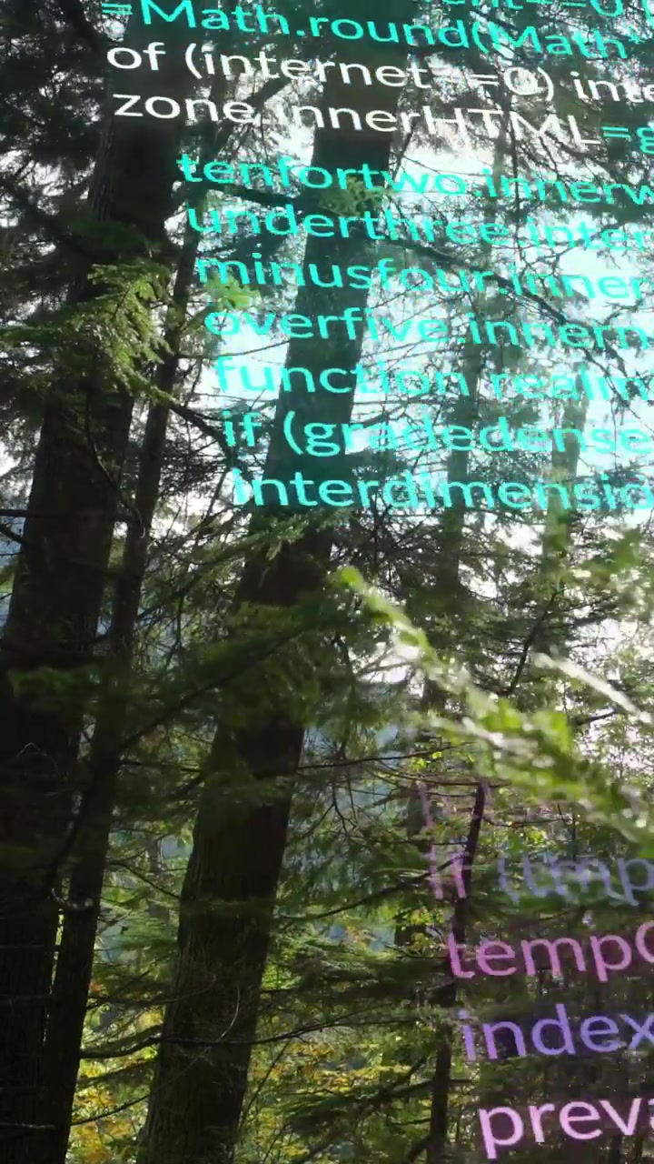Vertical video: Cyan code block appearing and scrolling over conifer trunks, showing data overlay