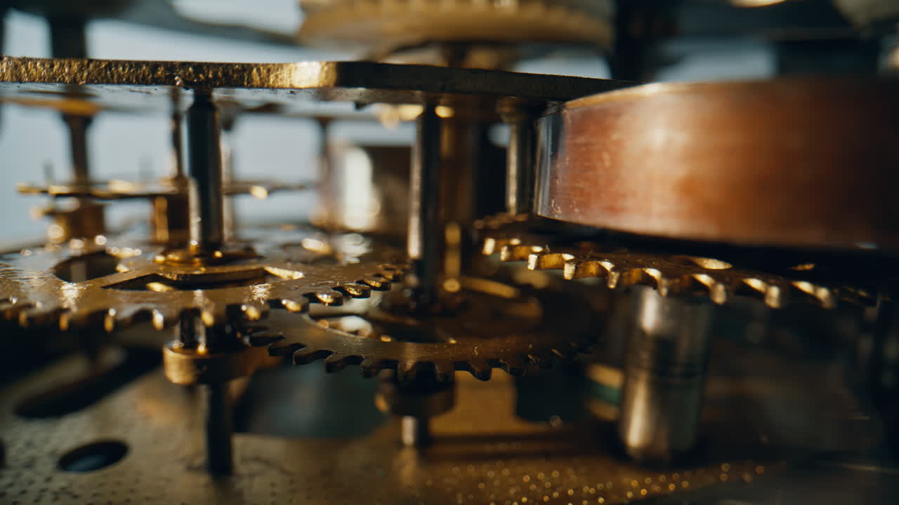 Detailní záběr kompaktního mechanismu vnitřních ozubených kol posouvajících hodiny. Makro mosazná konstrukce